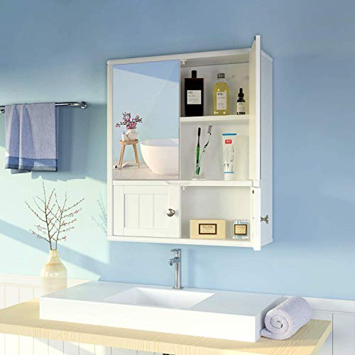 HOMECHO Armario de Baño con Espejo Armario de Pared de Gran Capacidad de Almacenamiento para Baño Cocina Medicina de MDF Blanco 55 x 17.5 x 60 cm