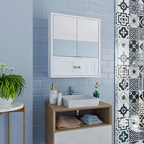 HOMECHO Armario de Baño con Espejo Armario de Pared de Gran Capacidad de Almacenamiento para Baño Cocina Medicina de MDF Blanco 55 x 17.5 x 60 cm