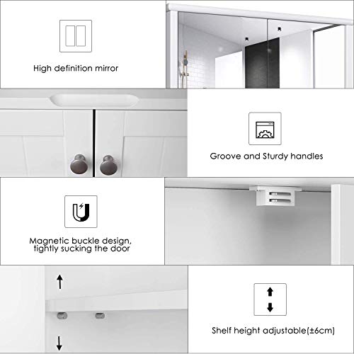 HOMECHO Armario de Baño con Espejo Armario de Pared de Gran Capacidad de Almacenamiento para Baño Cocina Medicina de MDF Blanco 55 x 17.5 x 60 cm