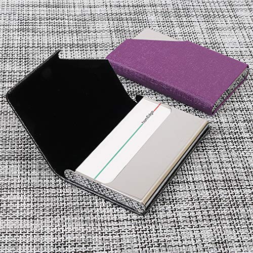 HomEdge - Tarjetero para tarjetas de visita, delgada, profesional, 2 paquetes de piel sintética + estuche para tarjetas de visita de acero inoxidable para viajes y negocios, color morado
