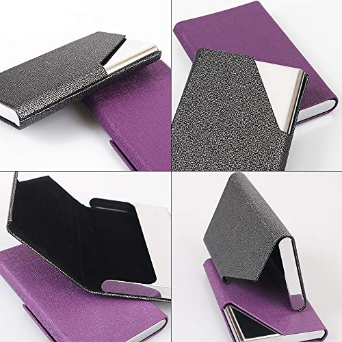 HomEdge - Tarjetero para tarjetas de visita, delgada, profesional, 2 paquetes de piel sintética + estuche para tarjetas de visita de acero inoxidable para viajes y negocios, color morado