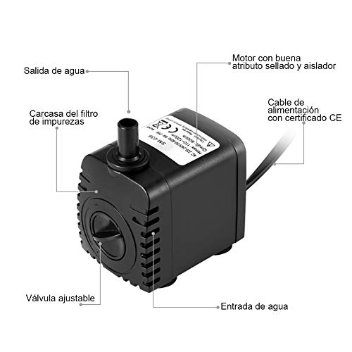 Homvik Bomba de Agua Bomba Sumergible para Acuario Estanque Pecera Fuente Circulación de Agua Dulce y Marino con 2 Boquillas 8W 600L/H 1.2m de Altura