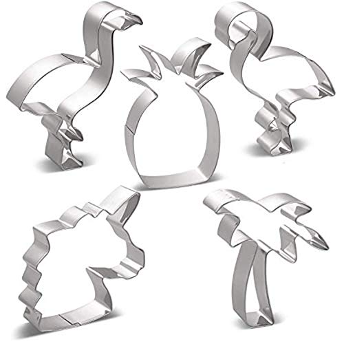 HONYAO Cortadores Galletas Moldes para Galletas - 5 Piezas - Mascota Flamenco Cortador de Galletas Conjunto - Flamenco L, Flamenco R, Cabeza de Unicornio, Piña y Palmera - Acero Inoxidable