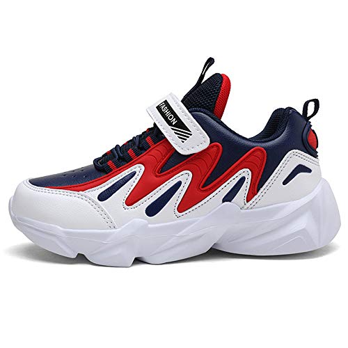 HSNA Zapatillas Niños Velcro Zapatos de Gimnasia para Caminar Ligero Trainers Kids(Azul Oscuro y Rojo 36 EU)