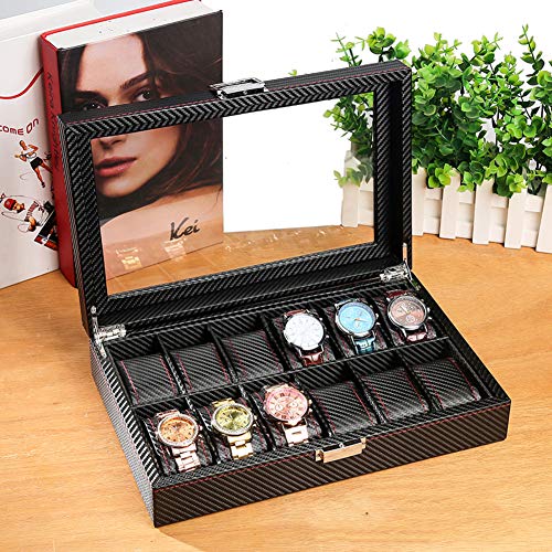 HSQXJY Piel Negro Reloj Estuche Caja Exhibición de la joyería, Fibra Carbono Viaje Exhibición del Reloj Joyero Vertical Colección de Relojes Caja de Cristal de Sol-C 8x22x33cm(3x9x13)