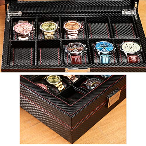 HSQXJY Piel Negro Reloj Estuche Caja Exhibición de la joyería, Fibra Carbono Viaje Exhibición del Reloj Joyero Vertical Colección de Relojes Caja de Cristal de Sol-C 8x22x33cm(3x9x13)