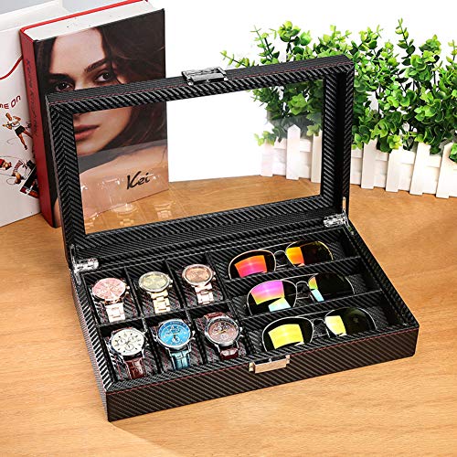 HSQXJY Piel Negro Reloj Estuche Caja Exhibición de la joyería, Fibra Carbono Viaje Exhibición del Reloj Joyero Vertical Colección de Relojes Caja de Cristal de Sol-C 8x22x33cm(3x9x13)