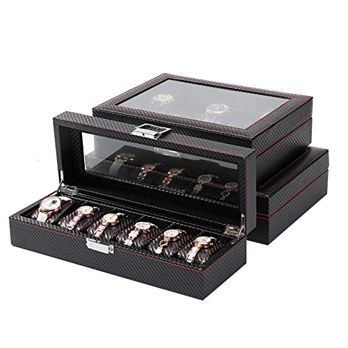 HSQXJY Piel Negro Reloj Estuche Caja Exhibición de la joyería, Fibra Carbono Viaje Exhibición del Reloj Joyero Vertical Colección de Relojes Caja de Cristal de Sol-C 8x22x33cm(3x9x13)