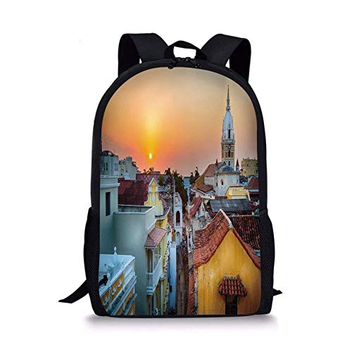huatongxin Mochilas Escolares Puesta de Sol, Vista sobre los tejados de la Ciudad Vieja Catedral de Cartagena Imagen de la Costa Colombiana Decorativa, Multicolor para niños y niñas Mochila deporti
