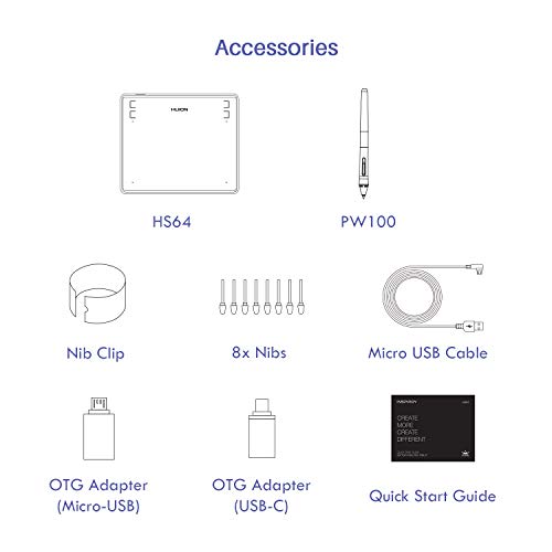 HUION HS64 Móvil Tableta gráfica para Android, Windows, Mac, con lápiz Stylus sin batería con 8192 Niveles de presión, 4 Teclas rápidas 266PPS