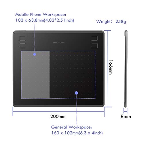 HUION HS64 Móvil Tableta gráfica para Android, Windows, Mac, con lápiz Stylus sin batería con 8192 Niveles de presión, 4 Teclas rápidas 266PPS