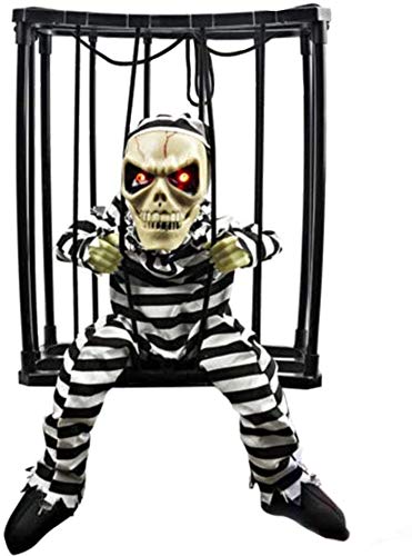 HXXXIN Fantasma Colgante De Halloween, Sensor De Movimiento Que Brilla Intensamente Hablando Esqueleto Prisionero Jaula Juguete De Decoración De Terror. Incrementa La Atmósfera De Terror.