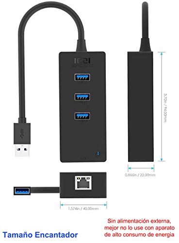 ICZI Hub USB Ethernet 3.0 +3 Puertos USB 3.0, Hub USB 3.0 RJ45 Gigabit para Xiaomi Box PC Adaptador USB Negro