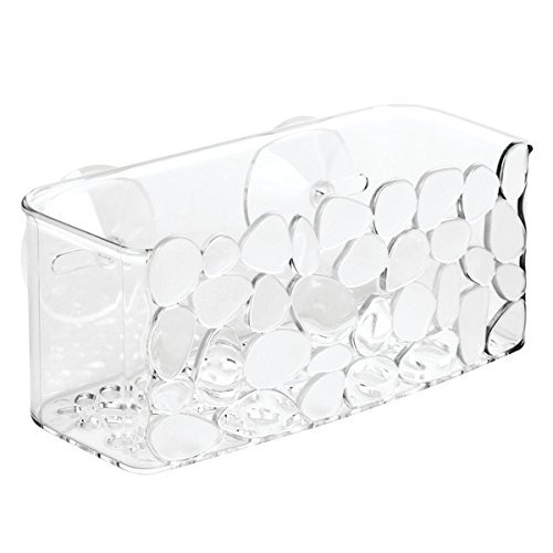 iDesign Cesta de ducha, pequeño estante de baño de plástico con ventosa, jabonera con agujeros de drenaje para instalar sin taladro, transparente