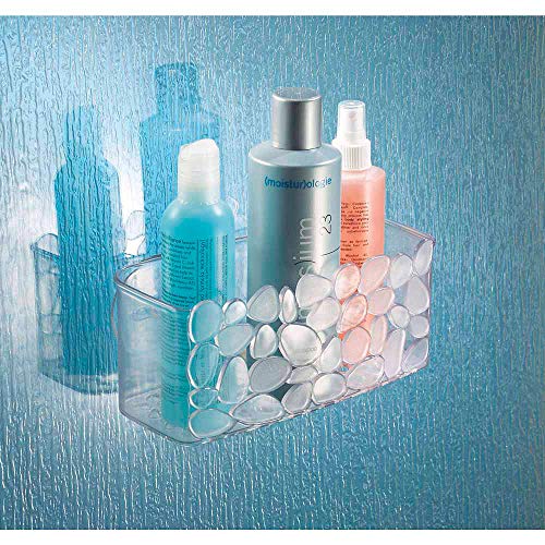 iDesign Cesta de ducha, pequeño estante de baño de plástico con ventosa, jabonera con agujeros de drenaje para instalar sin taladro, transparente