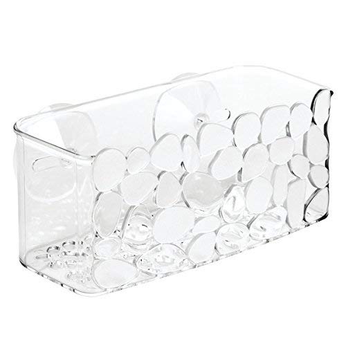 iDesign Cesta de ducha, pequeño estante de baño de plástico con ventosa, jabonera con agujeros de drenaje para instalar sin taladro, transparente