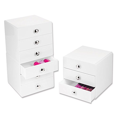 iDesign Organizador de maquillaje con 3 cajones, compacta minicómoda de plástico, mini cajonera cuadrada para productos de belleza y cosméticos, blanco