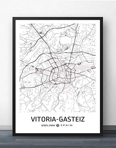 Impresión De Lienzo,España Mapa De La Ciudad De Vitoria-Gasteiz Arte Mural Simple Póster Pop En Blanco Y Negro Pintura Minimalista Sala De Oficina Modular Decoración De Espacio De Tinta Cultural