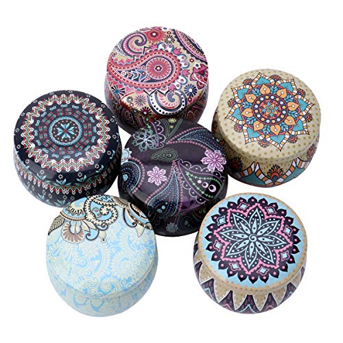 Inhzoy - Juego de 6 latas de 4 onzas de colores mezclados para velas, reutilizables, diseño de flores, metal, para hacer velas, caja de almacenamiento con tapas de color mezclado F 3.1 x 2.0 pulgadas