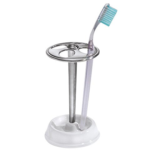 InterDesign York Portacepillos de dientes, soporte para utensilios de maquillaje en cerámica, organizador de baño, blanco/plateado