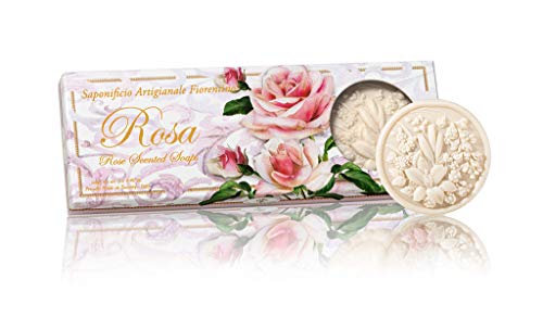 Jabón Rosa, caja de regalo 3 barras de jabón redondas hechas a mano talladas con flores, 3 x 125g