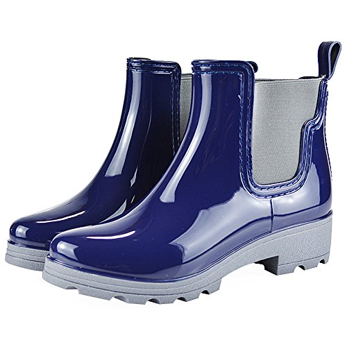 Jamron Mujer Elegante Chelsea Botas Lluvia Nieve Tobillo Alto Talón Grueso Wellington Azul SN02002 EU40