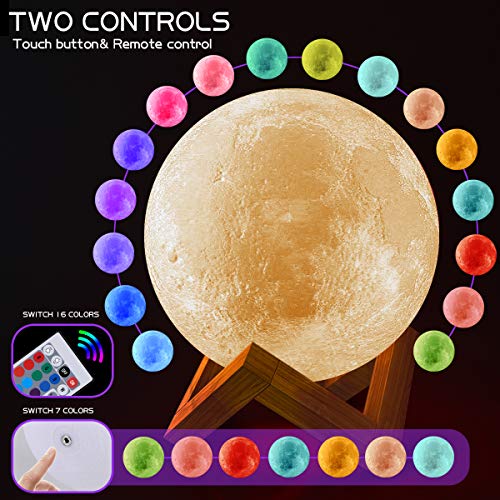 JBHOO Nuevo Lámpara de Luna 3D 16 Color LED Recargable Luz Luna, 15cm Lampara Luna con Soporte de Madera y red Colgante, Control Remoto y Control Táctil Regalo Perfecto para Bebés Amigos