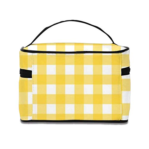 JDYU Bolsa de Maquillaje con patrón de Cuadros Vichy Blanco Amarillo, Estuche de cosméticos Grande, Estuche de Maquillaje, Organizador, Neceser de Viaje para Mujeres