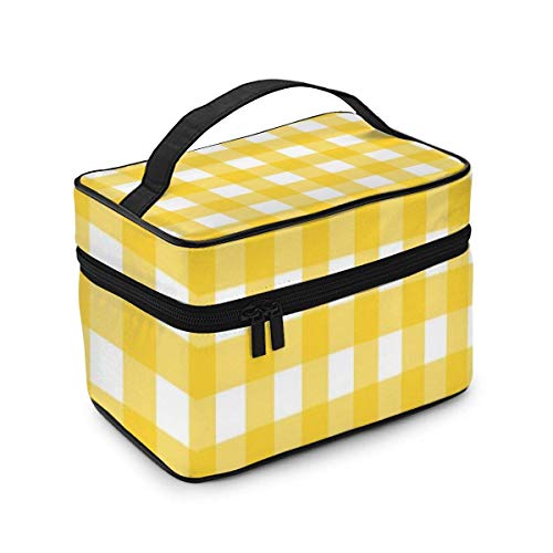 JDYU Bolsa de Maquillaje con patrón de Cuadros Vichy Blanco Amarillo, Estuche de cosméticos Grande, Estuche de Maquillaje, Organizador, Neceser de Viaje para Mujeres