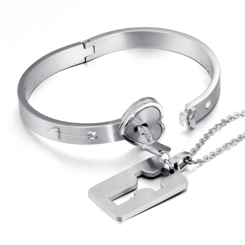 JewelryWe Joyas Pulsera de Acero Inoxidable de Amor de Bloqueo del corazón y Llave Colgante Pulsera y Collar de Hombres Mujeres 2 Piezas