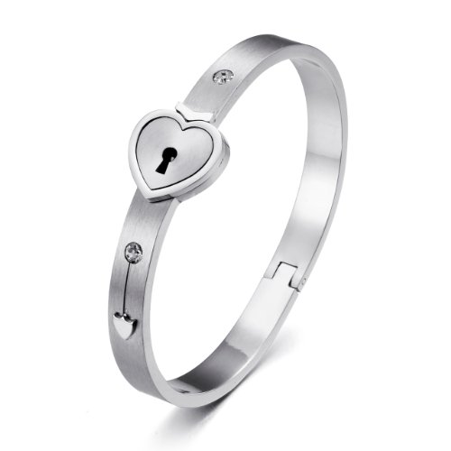 JewelryWe Joyas Pulsera de Acero Inoxidable de Amor de Bloqueo del corazón y Llave Colgante Pulsera y Collar de Hombres Mujeres 2 Piezas