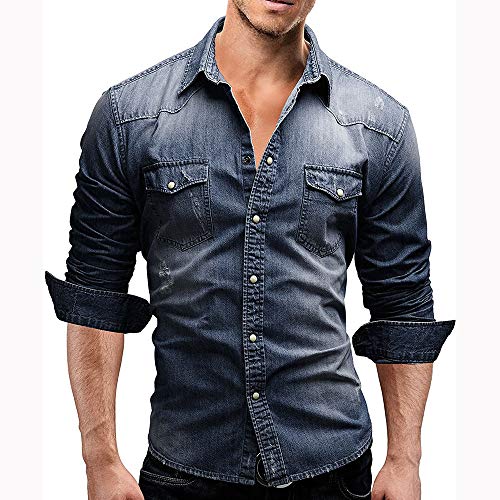 Jiayuan Camisa Vaquera Camisa Vaquera de algodón para Hombre Moda Primavera y otoño Camisa Vaquera Delgada de Manga Larga Moda Lavado Slim Top 3XL