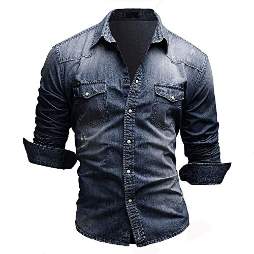 Jiayuan Camisa Vaquera Camisa Vaquera de algodón para Hombre Moda Primavera y otoño Camisa Vaquera Delgada de Manga Larga Moda Lavado Slim Top 3XL