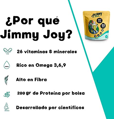 Jimmy Joy Plátano Plenny Shake, 5 Bolsas x 4.000 kcal, Sustituto de Comida, Nutrición Completa 26 Vitaminas y Minerales, 20gr Proteína, Vegano, Sin Lactosa, Sin OGM