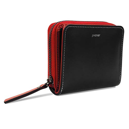 JIVANER Cartera Monedero Mujer pequeña de Piel con Bloqueo RFID - Billetera, Tarjetero y Cremallera para Monedas - De Cuero auténtico Suave y diseño Elegante