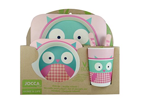 JOCCA - Juego de cena infantil de bambú, diseño de búho, color rosa/verde/blanco, 25,5 x 23,5 x 9,5 cm