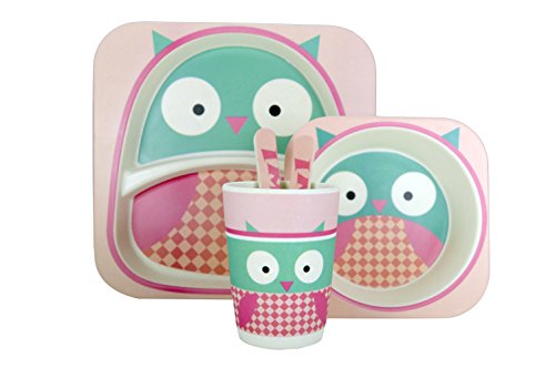JOCCA - Juego de cena infantil de bambú, diseño de búho, color rosa/verde/blanco, 25,5 x 23,5 x 9,5 cm