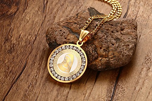 Joielavie - Collar y colgante color dorado medalla de la Virgen María Madre de Jesús, con circonitas, joyas fantasía brillantes, regalo para mujer