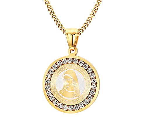 Joielavie - Collar y colgante color dorado medalla de la Virgen María Madre de Jesús, con circonitas, joyas fantasía brillantes, regalo para mujer