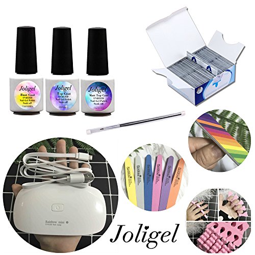 Joligel Kit Manicura con Lámpara UV LED para Esmaltes Gel Semipermanentes de Uñas, Top Coat Brillo + Mate Top + Base + Removedor Quitaesmaltes + Limas Pulidores + Cepillo + Separadores Dedos Pedicura