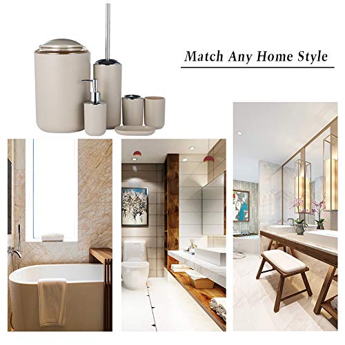 JOTOM Juego de Accesorios de Baño 6 Piezas,Cubo de Basura,Jabonera,Dispensador de jabón, Vaso,Vaso para Cepillo de Dientes y escobilla (Beige)