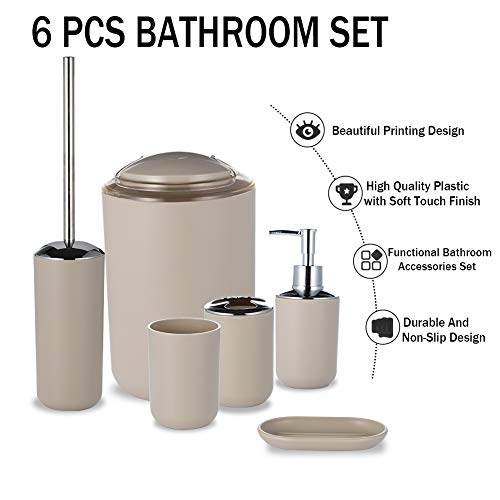 JOTOM Juego de Accesorios de Baño 6 Piezas,Cubo de Basura,Jabonera,Dispensador de jabón, Vaso,Vaso para Cepillo de Dientes y escobilla (Beige)