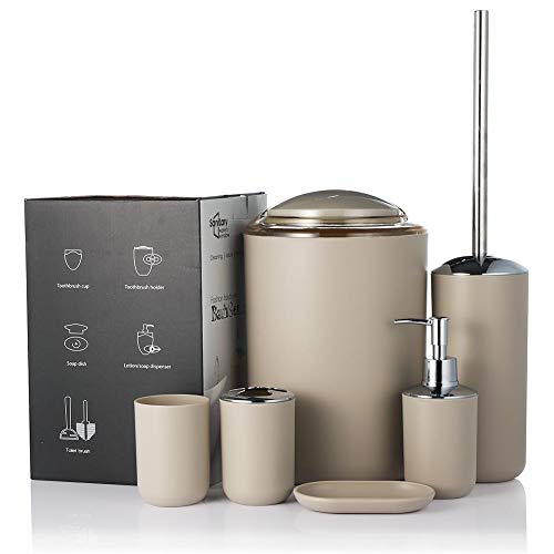 JOTOM Juego de Accesorios de Baño 6 Piezas,Cubo de Basura,Jabonera,Dispensador de jabón, Vaso,Vaso para Cepillo de Dientes y escobilla (Beige)