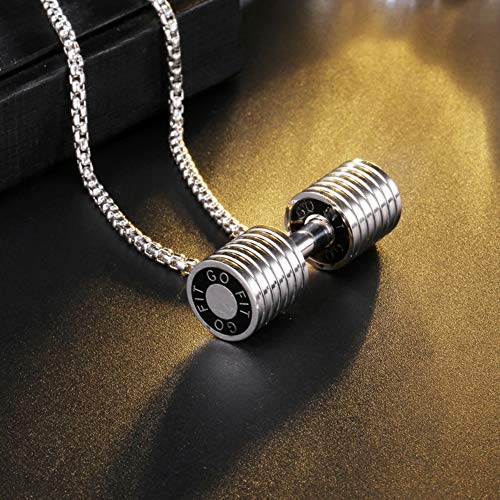 Joyería Hombres Acero Inoxidable Collares Aptitud Pesa Barra con Pesas Colgante Revestimiento Dorado Pareja Dorado Regalo Dia de San Valentin,Silver
