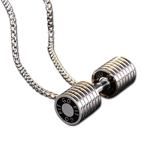 Joyería Hombres Acero Inoxidable Collares Aptitud Pesa Barra con Pesas Colgante Revestimiento Dorado Pareja Dorado Regalo Dia de San Valentin,Silver