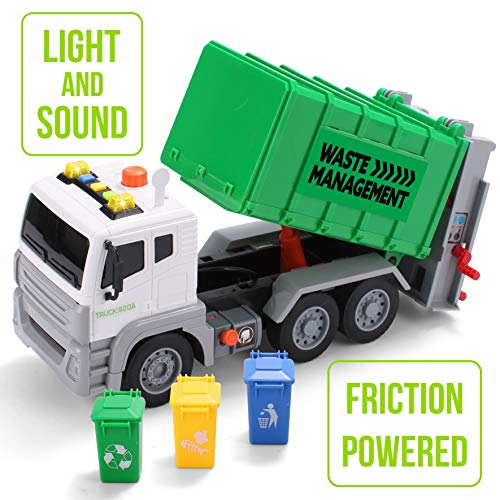 JOYIN 32CM Camión de Basura Coches de Friccion con Luces y Sonidos con 3 Bote de Basura Vehiculos Juguete Regalos para Niños Infantil