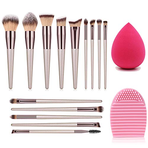 Juego de 14 brochas de maquillaje con esponja de maquillaje y limpiador de brochas de alta calidad para base de maquillaje, polvos y sombras de ojos