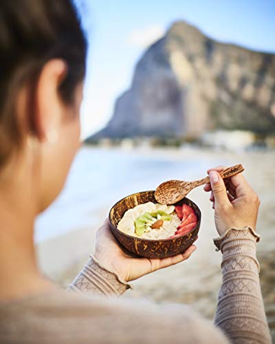 Juego de 2 cuencos de coco Pandoo con cucharas, producto 100% natural, alternativa sin plástico, hechos a mano y pulidos con aceite de coco