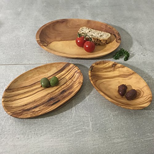 Juego de 3 platos de madera de olivo y cuencos para servir y saltar, hecho a mano