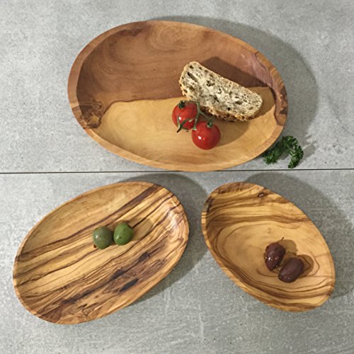 Juego de 3 platos de madera de olivo y cuencos para servir y saltar, hecho a mano